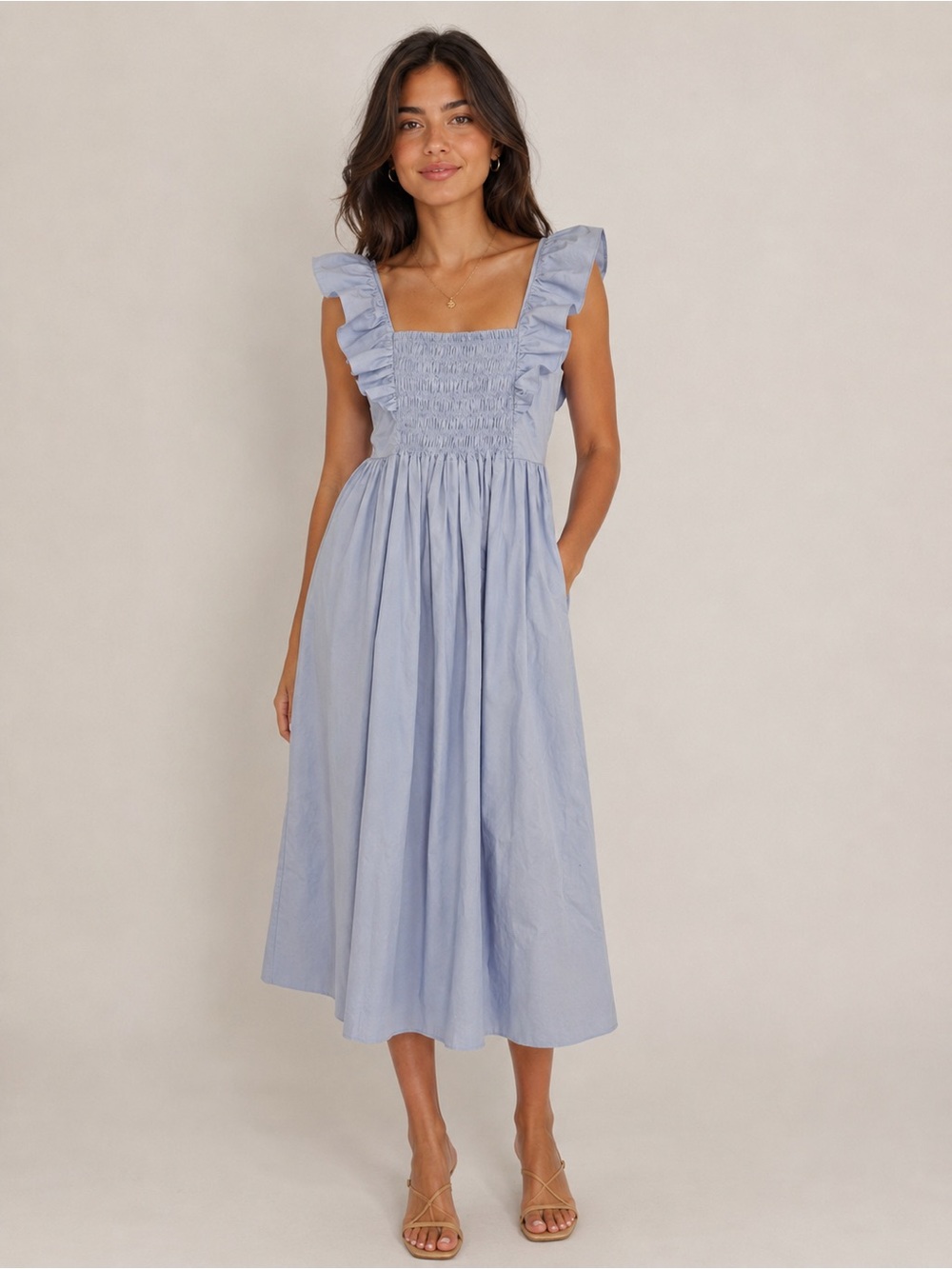 MONICA NERA light blue smocked with ruffle sleeve size xs